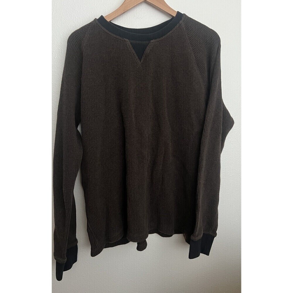 LL Bean Signature Shirt Men XL 2 Tone Brown Waffle Thermal Crew Cotton Thick